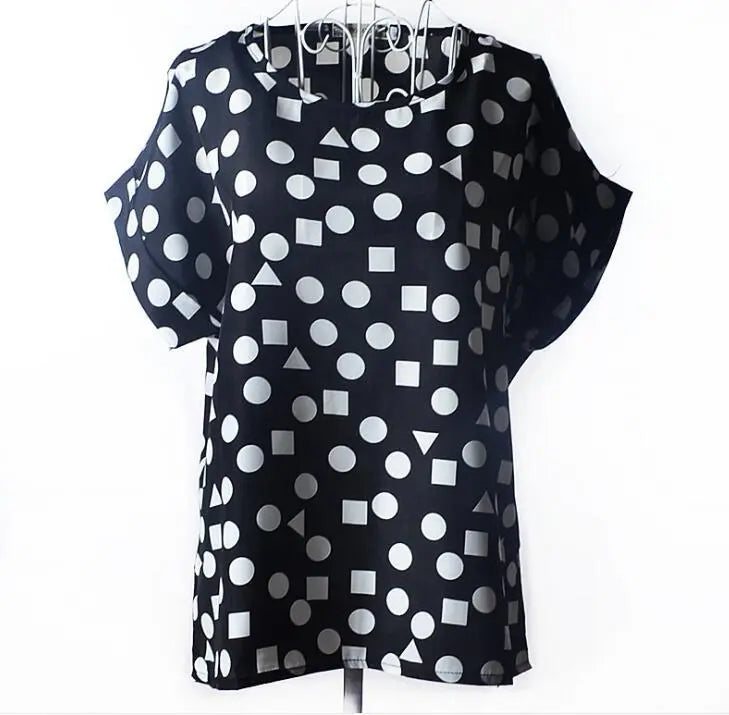 Women T-Shirt, Loose Large Size Chiffon Shirt, Printed Wide Short-Sleeve, Round Neck, Polyester USA SIZE El Pazar