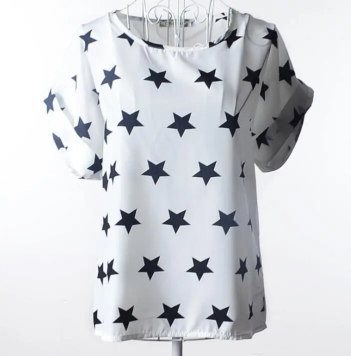 Women T-Shirt, Loose Large Size Chiffon Shirt, Printed Wide Short-Sleeve, Round Neck, Polyester USA SIZE El Pazar