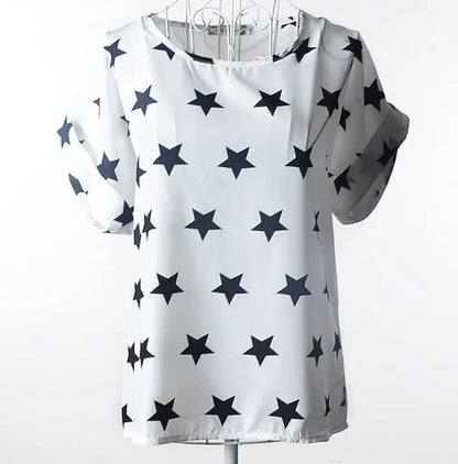 Women T-Shirt, Loose Large Size Chiffon Shirt, Printed Wide Short-Sleeve, Round Neck, Polyester USA SIZE El Pazar