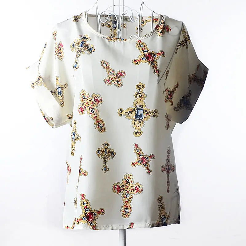 Women T-Shirt, Loose Large Size Chiffon Shirt, Printed Wide Short-Sleeve, Round Neck, Polyester USA SIZE El Pazar
