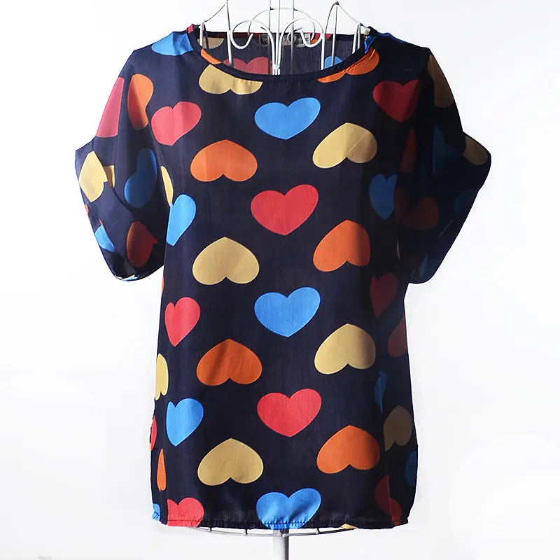 Women T-Shirt, Loose Large Size Chiffon Shirt, Printed Wide Short-Sleeve, Round Neck, Polyester USA SIZE El Pazar