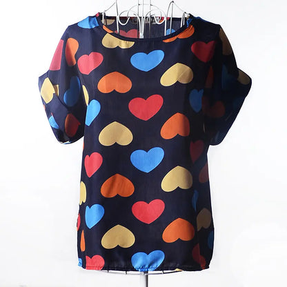 Women T-Shirt, Loose Large Size Chiffon Shirt, Printed Wide Short-Sleeve, Round Neck, Polyester USA SIZE El Pazar