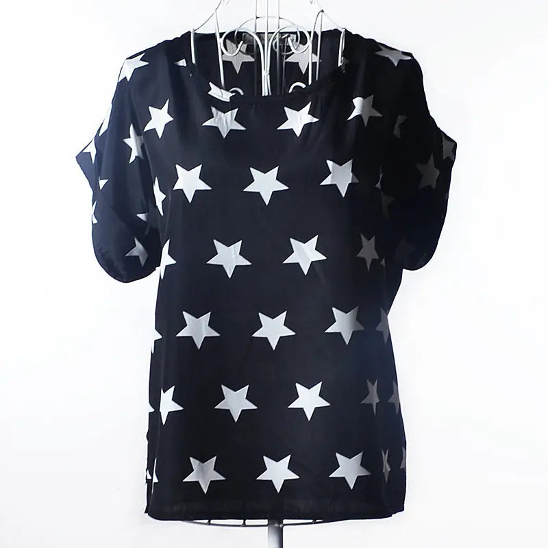 Women T-Shirt, Loose Large Size Chiffon Shirt, Printed Wide Short-Sleeve, Round Neck, Polyester USA SIZE El Pazar