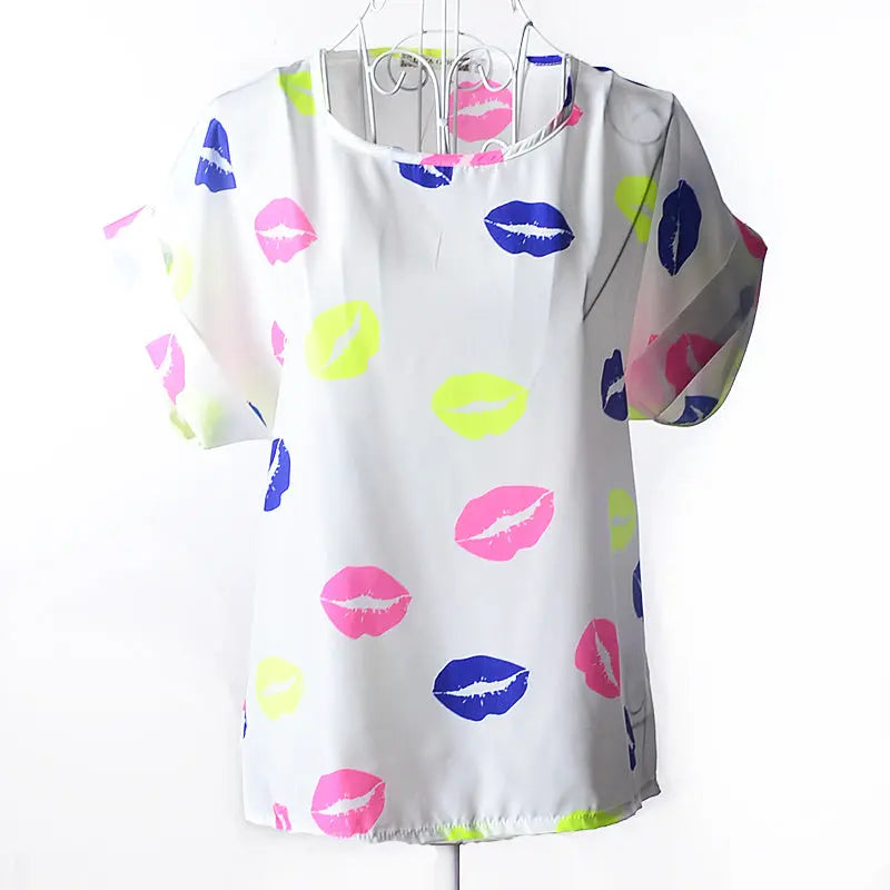 Women T-Shirt, Loose Large Size Chiffon Shirt, Printed Wide Short-Sleeve, Round Neck, Polyester USA SIZE El Pazar
