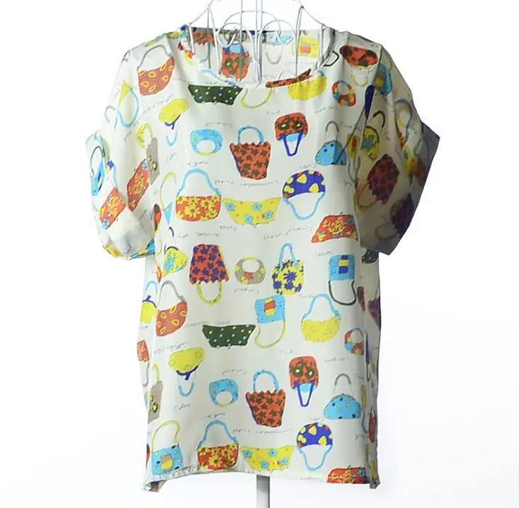 Women T-Shirt, Loose Large Size Chiffon Shirt, Printed Wide Short-Sleeve, Round Neck, Polyester USA SIZE El Pazar