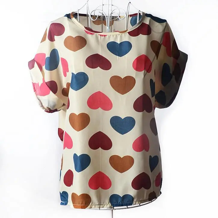 Women T-Shirt, Loose Large Size Chiffon Shirt, Printed Wide Short-Sleeve, Round Neck, Polyester USA SIZE El Pazar