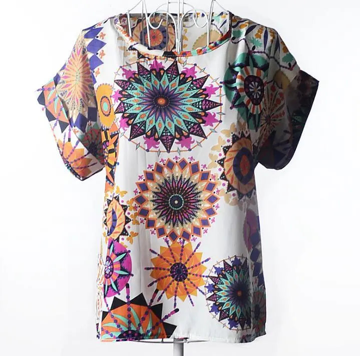 Women T-Shirt, Loose Large Size Chiffon Shirt, Printed Wide Short-Sleeve, Round Neck, Polyester USA SIZE El Pazar