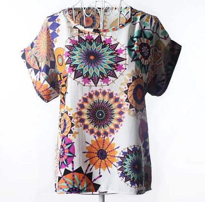 Women T-Shirt, Loose Large Size Chiffon Shirt, Printed Wide Short-Sleeve, Round Neck, Polyester USA SIZE El Pazar