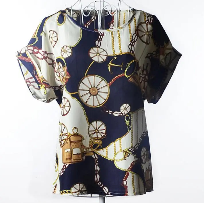 Women T-Shirt, Loose Large Size Chiffon Shirt, Printed Wide Short-Sleeve, Round Neck, Polyester USA SIZE El Pazar