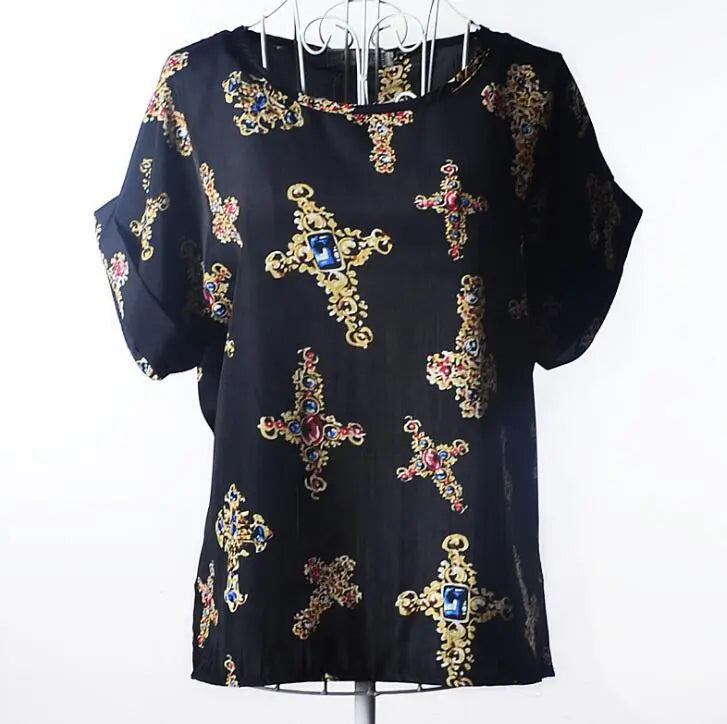 Women T-Shirt, Loose Large Size Chiffon Shirt, Printed Wide Short-Sleeve, Round Neck, Polyester USA SIZE El Pazar
