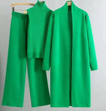 Women Three Piece Set, Knitting Suit, Fashion Knitting Sleeveless Vest, Sweater Long-Sleeve Long Cardigan, And Wide-leg Pants El Pazar