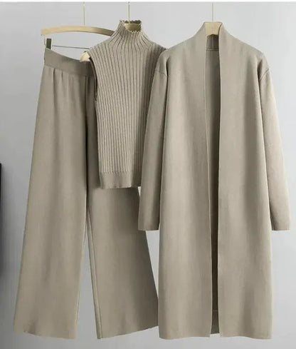 Women Three Piece Set, Knitting Suit, Fashion Knitting Sleeveless Vest, Sweater Long-Sleeve Long Cardigan, And Wide-leg Pants El Pazar
