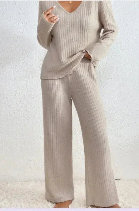 Women Two-Piece Set, Round Neck and Long Sleeve, Casual and House Solid Color, Long Wide-Leg Trouser Pants, Knitted Top And Trousers El Pazar