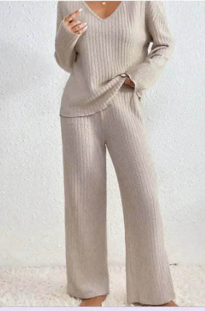 Women Two-Piece Set, Round Neck and Long Sleeve, Casual and House Solid Color, Long Wide-Leg Trouser Pants, Knitted Top And Trousers El Pazar