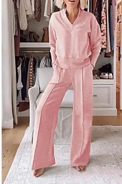 Women Two-Piece Set, V-neck Long Sleeve Loose Top, Long Wide Leg Pants El Pazar