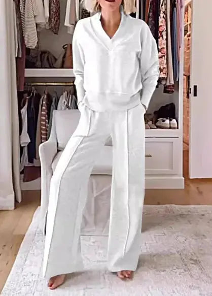 Women Two-Piece Set, V-neck Long Sleeve Loose Top, Long Wide Leg Pants El Pazar