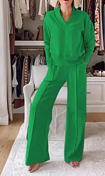 Women Two-Piece Set, V-neck Long Sleeve Loose Top, Long Wide Leg Pants El Pazar
