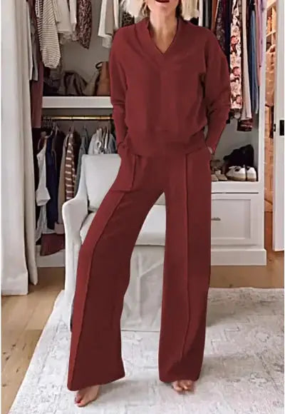 Women Two-Piece Set, V-neck Long Sleeve Loose Top, Long Wide Leg Pants El Pazar