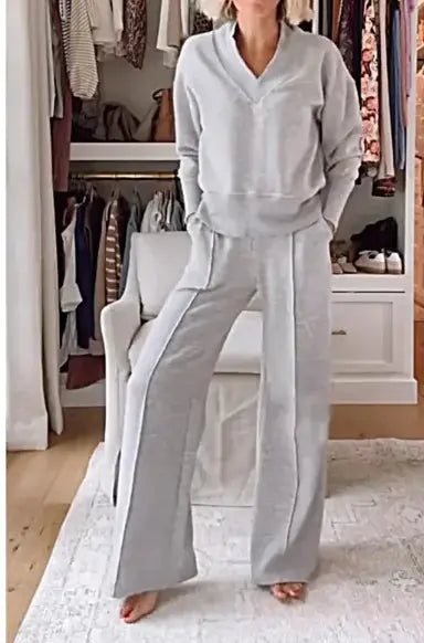 Women Two-Piece Set, V-neck Long Sleeve Loose Top, Long Wide Leg Pants El Pazar
