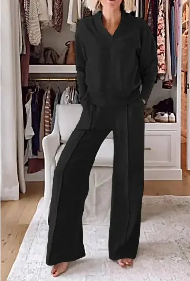 Women Two-Piece Set, V-neck Long Sleeve Loose Top, Long Wide Leg Pants El Pazar