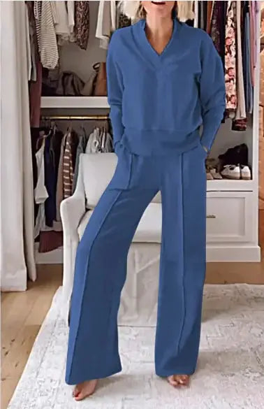 Women Two-Piece Set, V-neck Long Sleeve Loose Top, Long Wide Leg Pants El Pazar