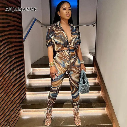 Women Two-Piece, Set Abstract Print Sheer Mesh Outfits El Pazar